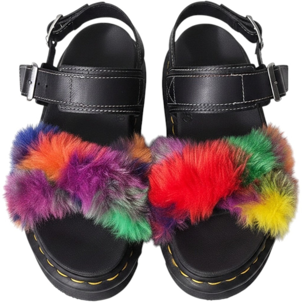 Dr. Martens Voss II Fluffy Multi Color Faux Fur Platform Sandals Black Womens 6
